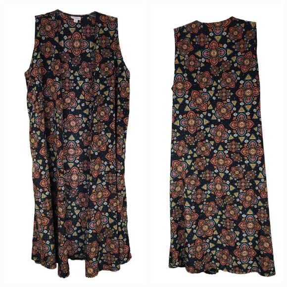 LuLaRoe Joy Vest Black Silky Soft Sleeveless Tribal Print Long Cardigan Duster - Picture 2 of 8